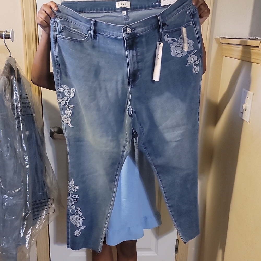 Nicole Miller Blue Skinny Jeans with Floral Embroidery